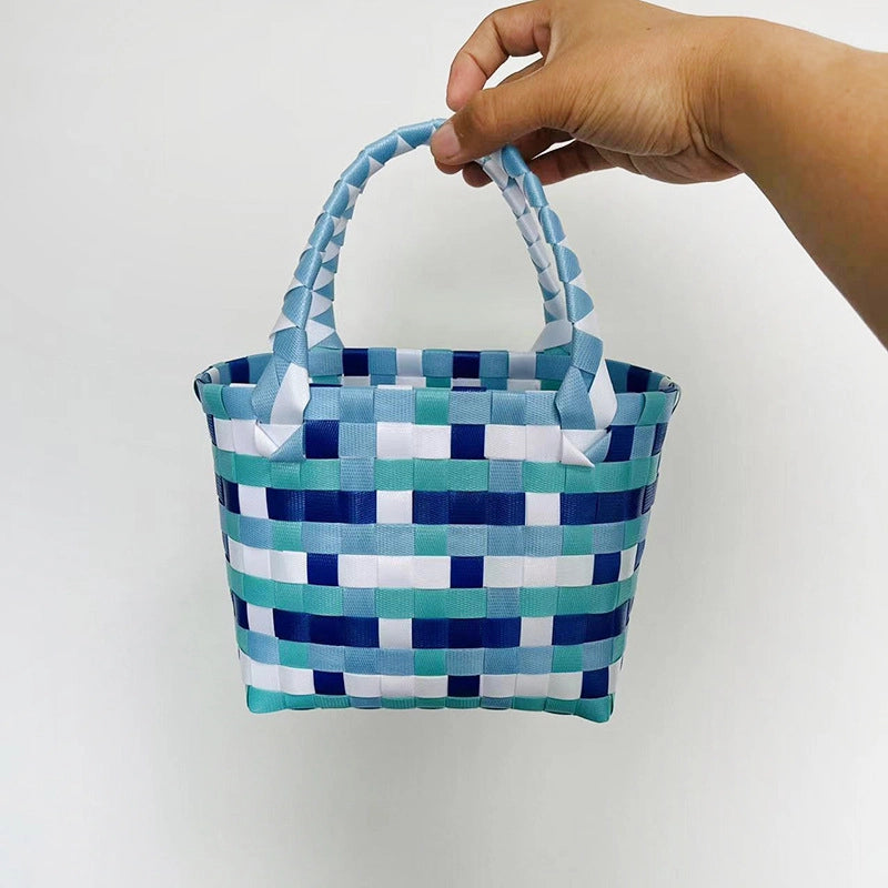 Women's PVC Color Block Plaid Vacation Weave Square Open Square Bag