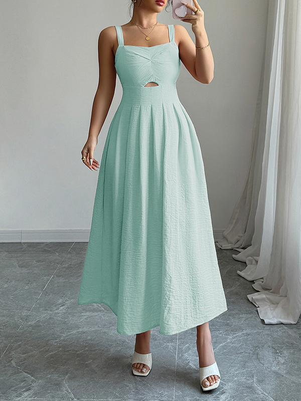 A-line High Waisted Backless Hollow Pleated Solid Color Zipper Spaghetti-Neck Midi Dresses