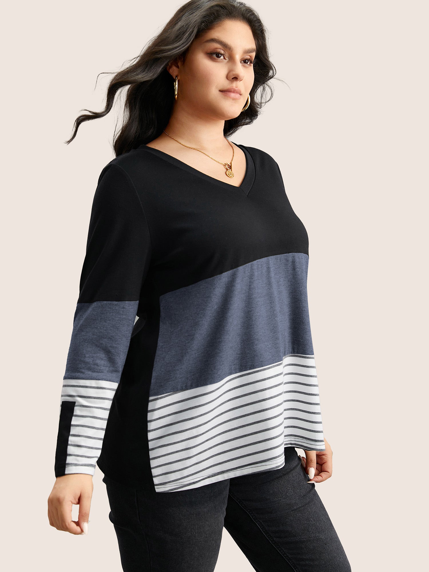 Colorblock Contrast Striped V Neck T-shirt