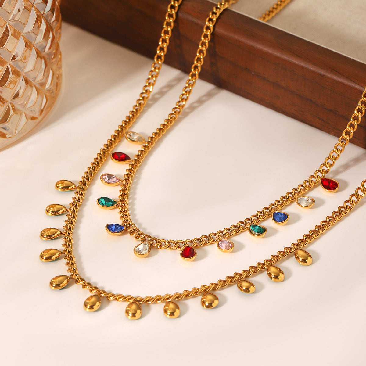 Stainless Steel Colored Zircon Tassel Necklace For Women Versatile Titanium Steel Clavicle Necklace