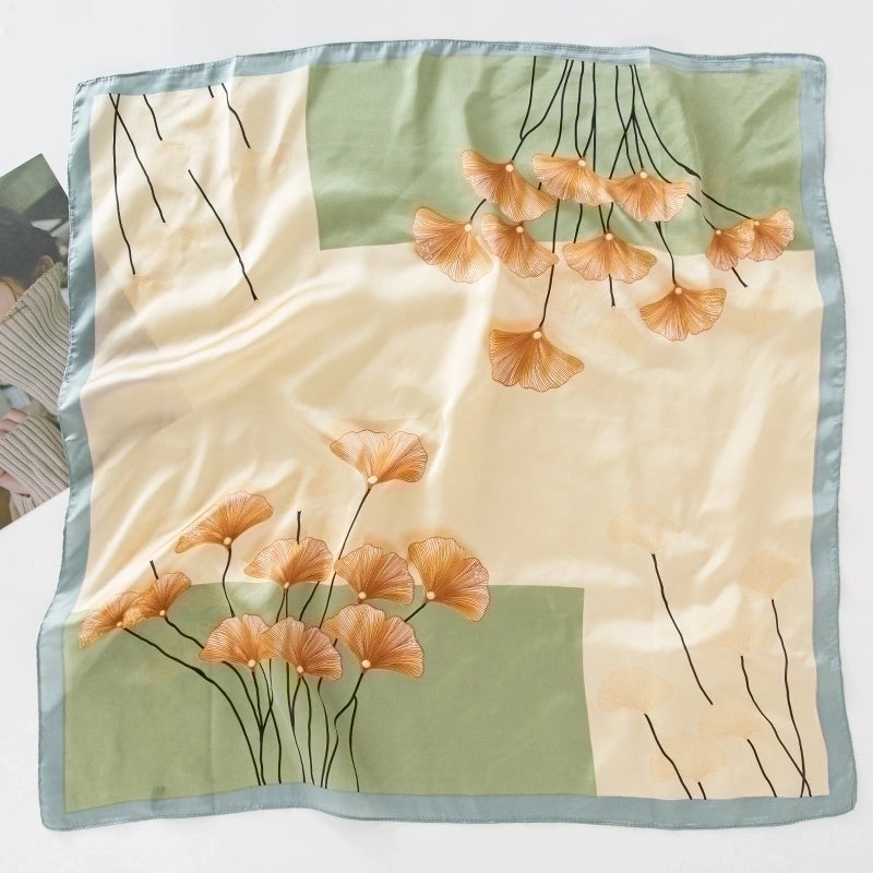 Women's IG Style Shamrock Flower Satin Printing And Dyeing Printing Flowers Silk Scarf