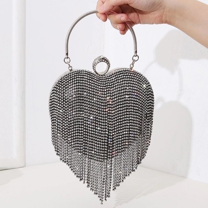 Silver Black Gold Pu Leather Heart Shape Tassel Heart-shaped Evening Bags