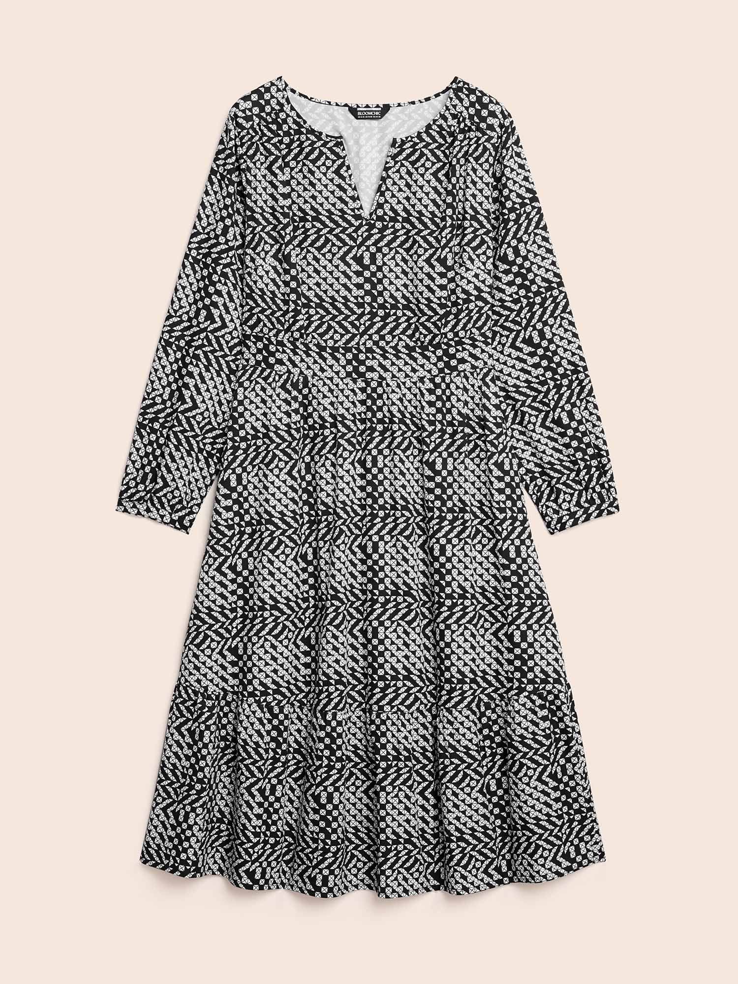 Geometric Notched Lantern Sleeve Midi Dress