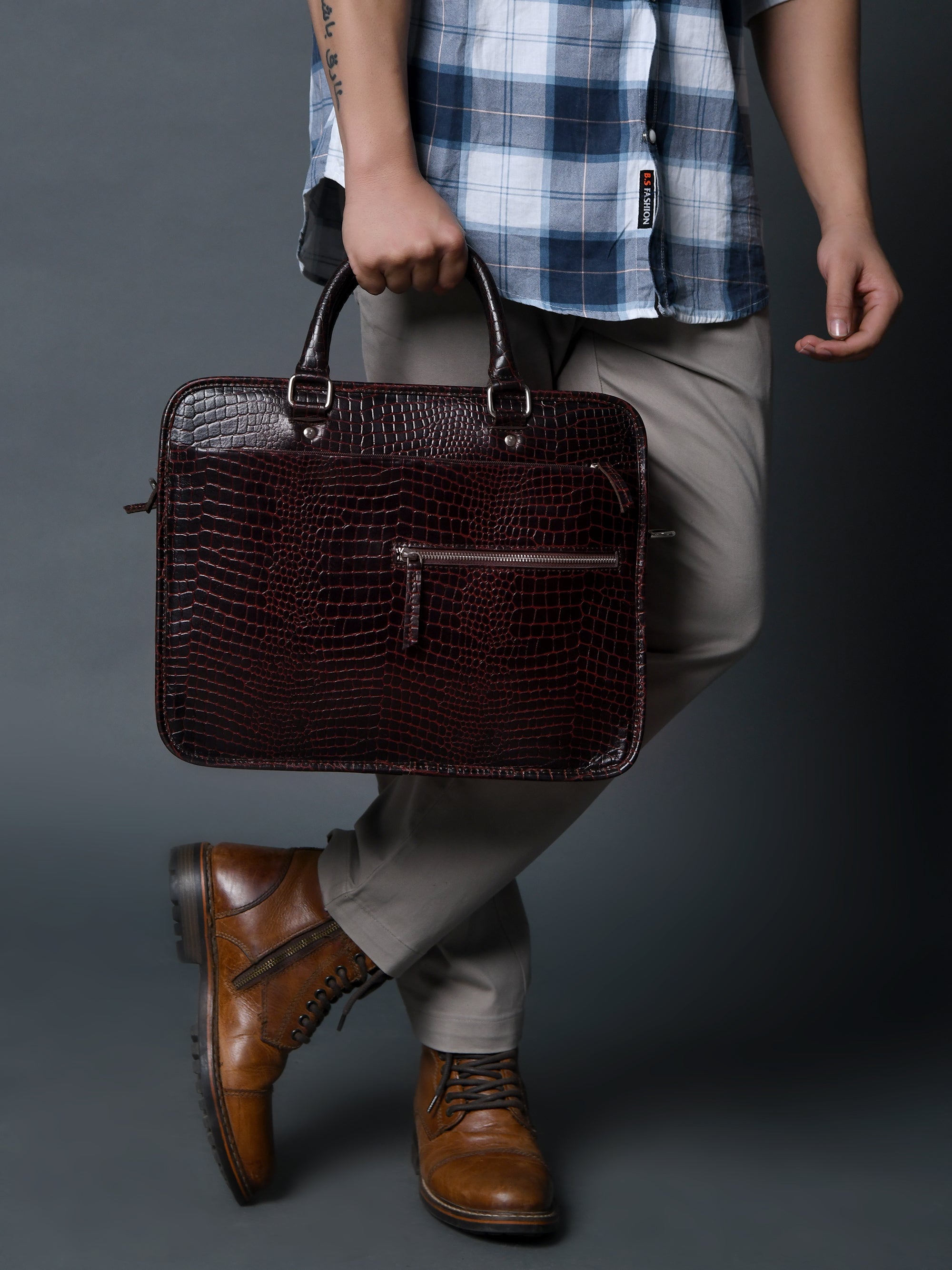 Croco Leather Computer Bag. Dark Brown