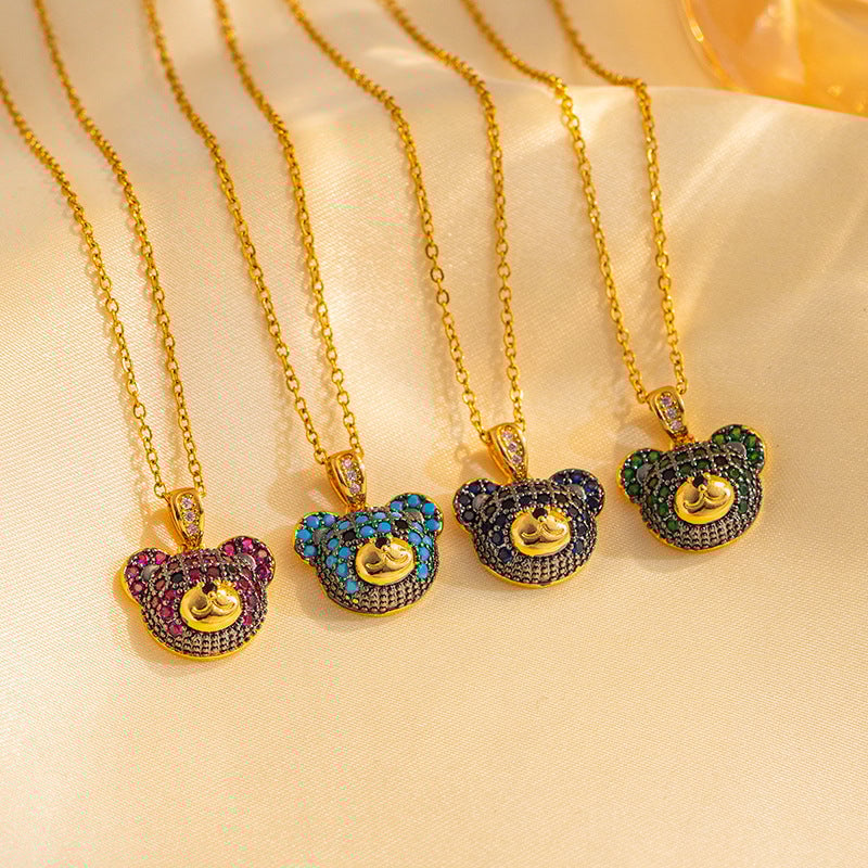 Simple And Fashionable 18K Gold-Plated Colorful Bear Necklace For Women With Full Diamond Cute Animal Pendant Titanium Steel Clavicle Chain