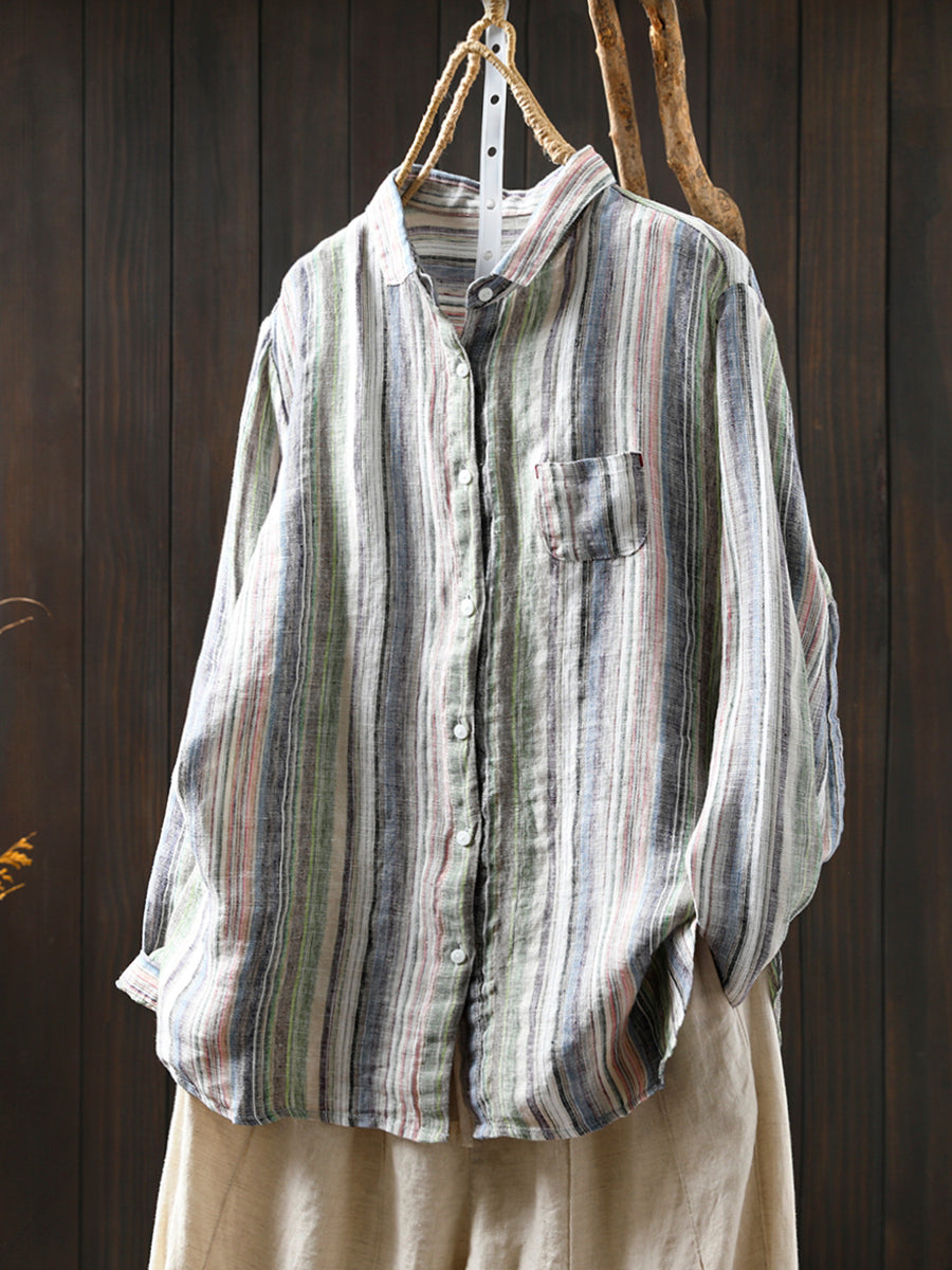 Women Summer Artsy Colorful Stripe 100%Linen Shirt