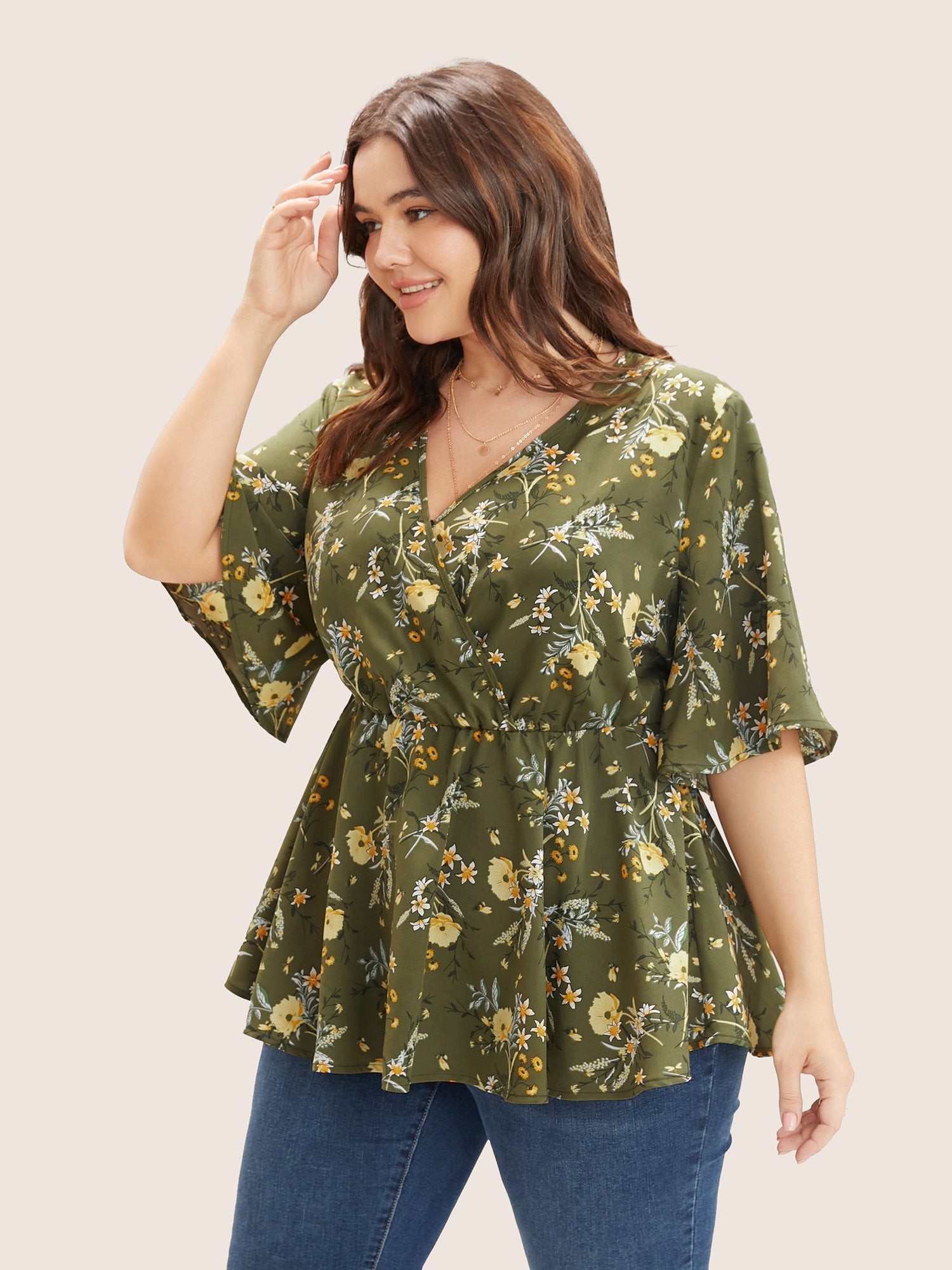 Floral Print Ruffles Surplice Neck Blouse