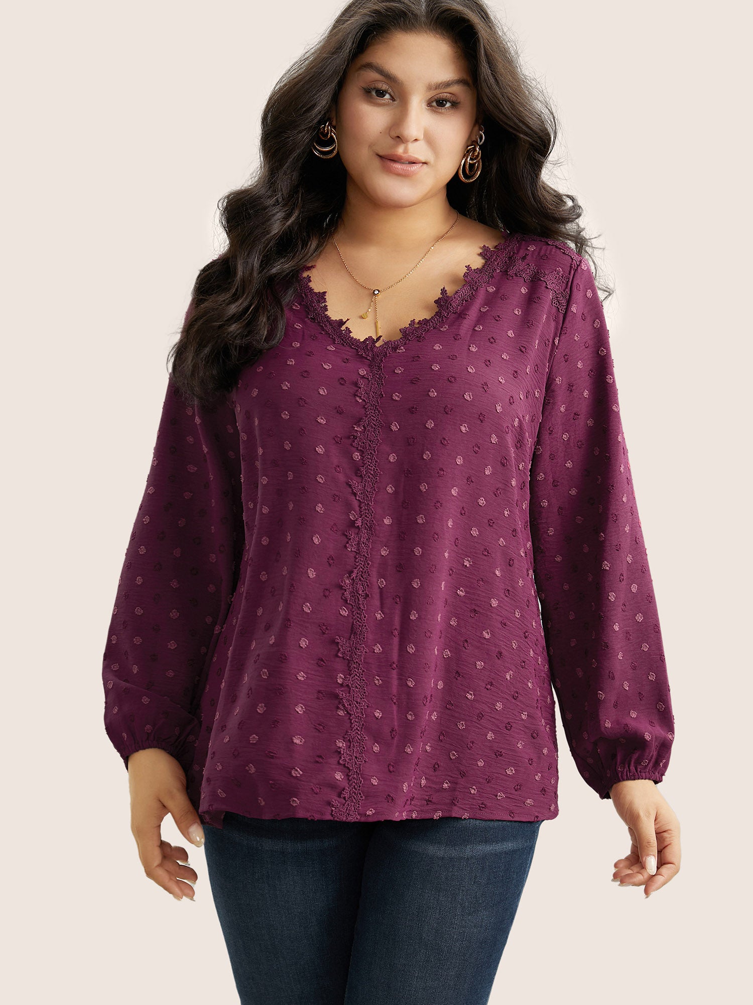 Plisse Eyelet Lace Elastic Cuffs Blouse