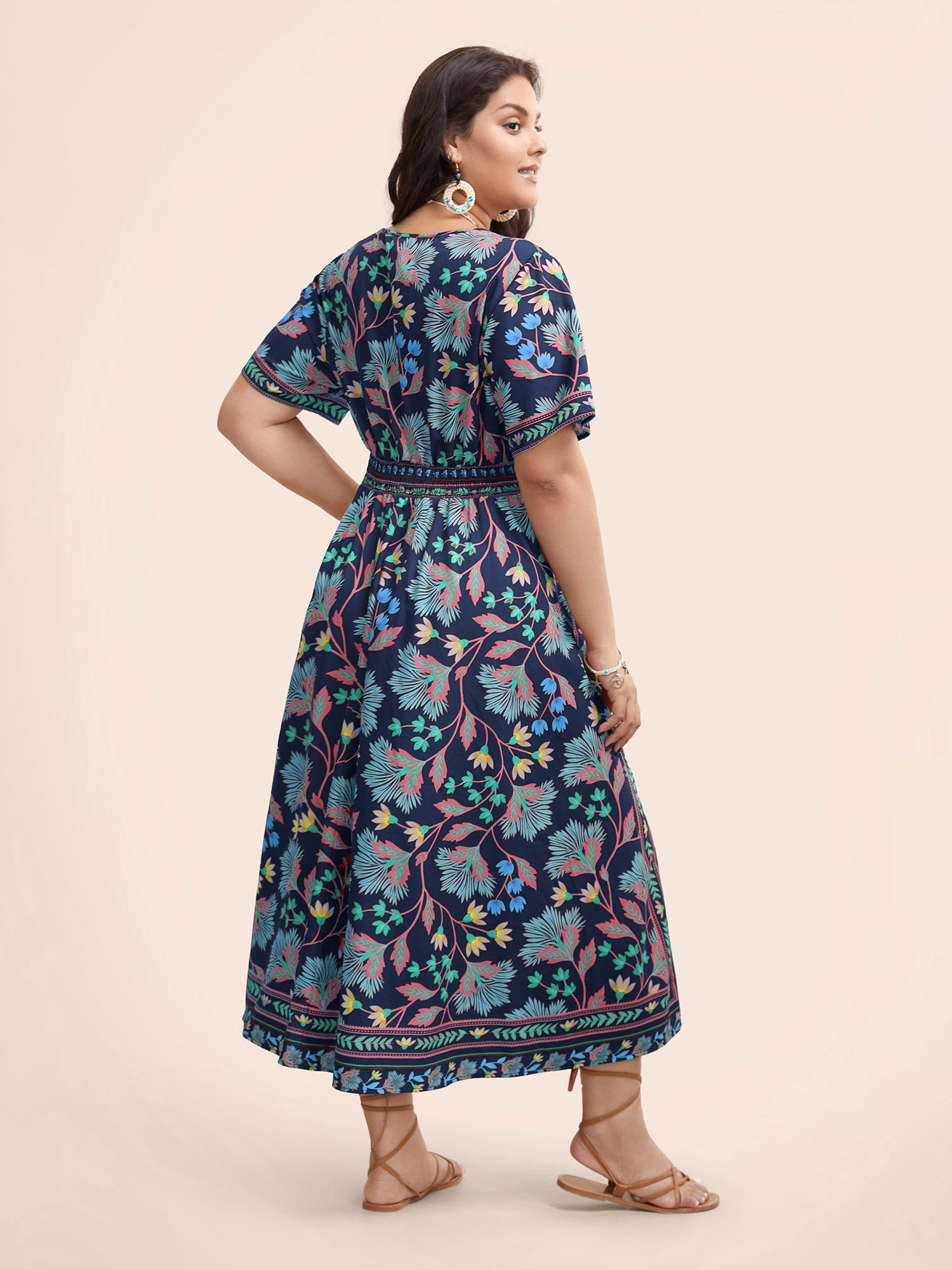 Boho Print Shirred Pocket Midi Dress