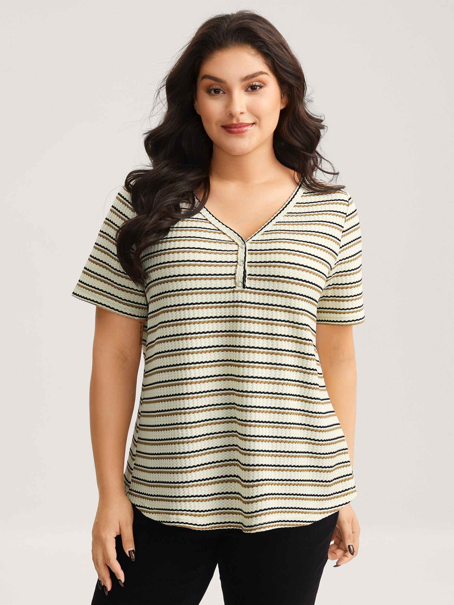 Waffle Stripe Button Detail T-Shirt