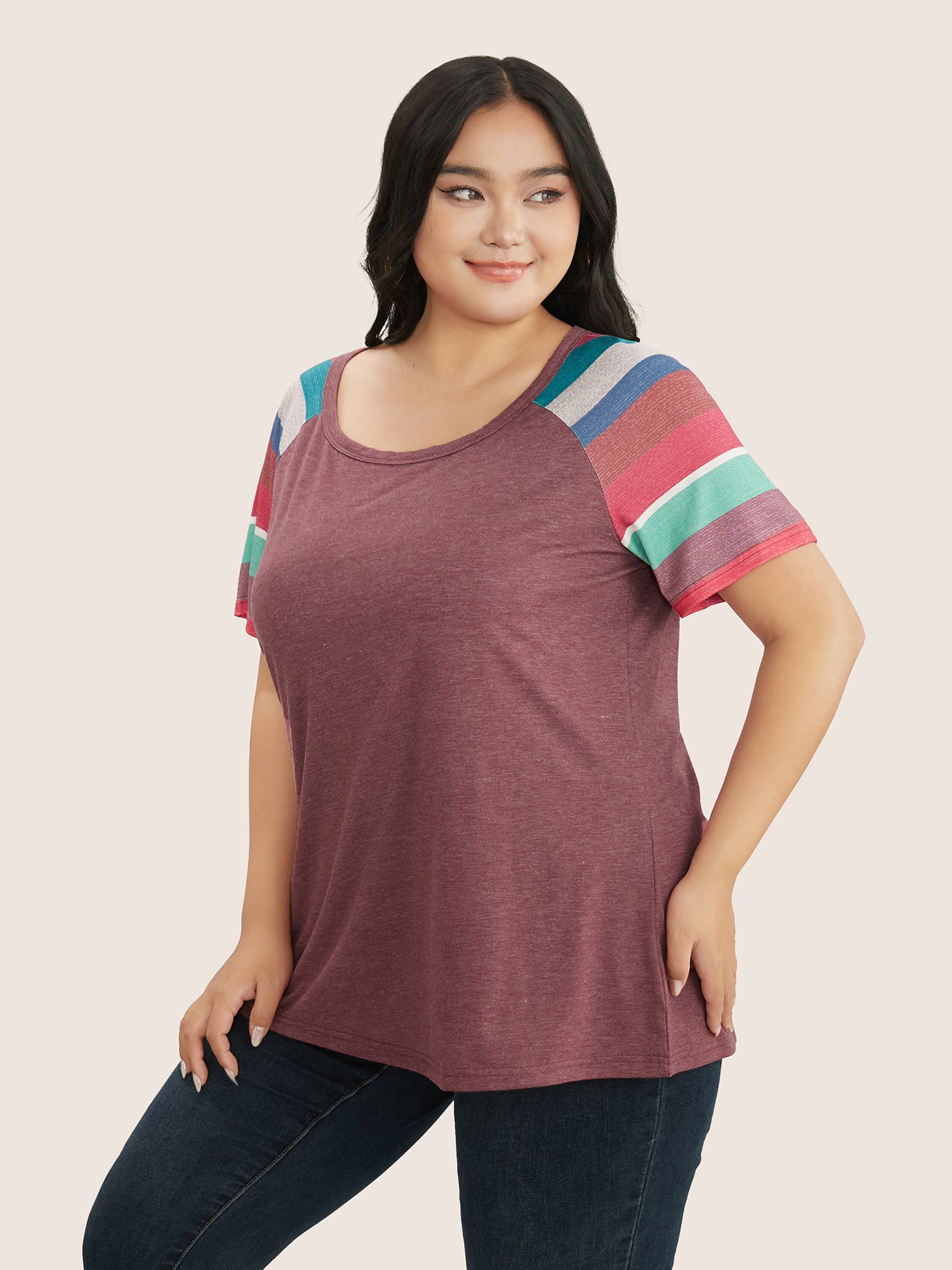 Striped Contrast Raglan Sleeve Round Neck T-shirt