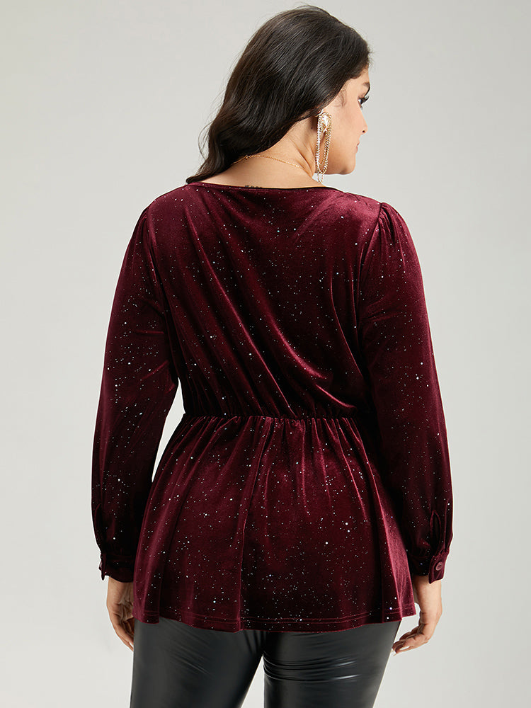 Glitter Sequin Velvet Twist Front V Neck Blouse