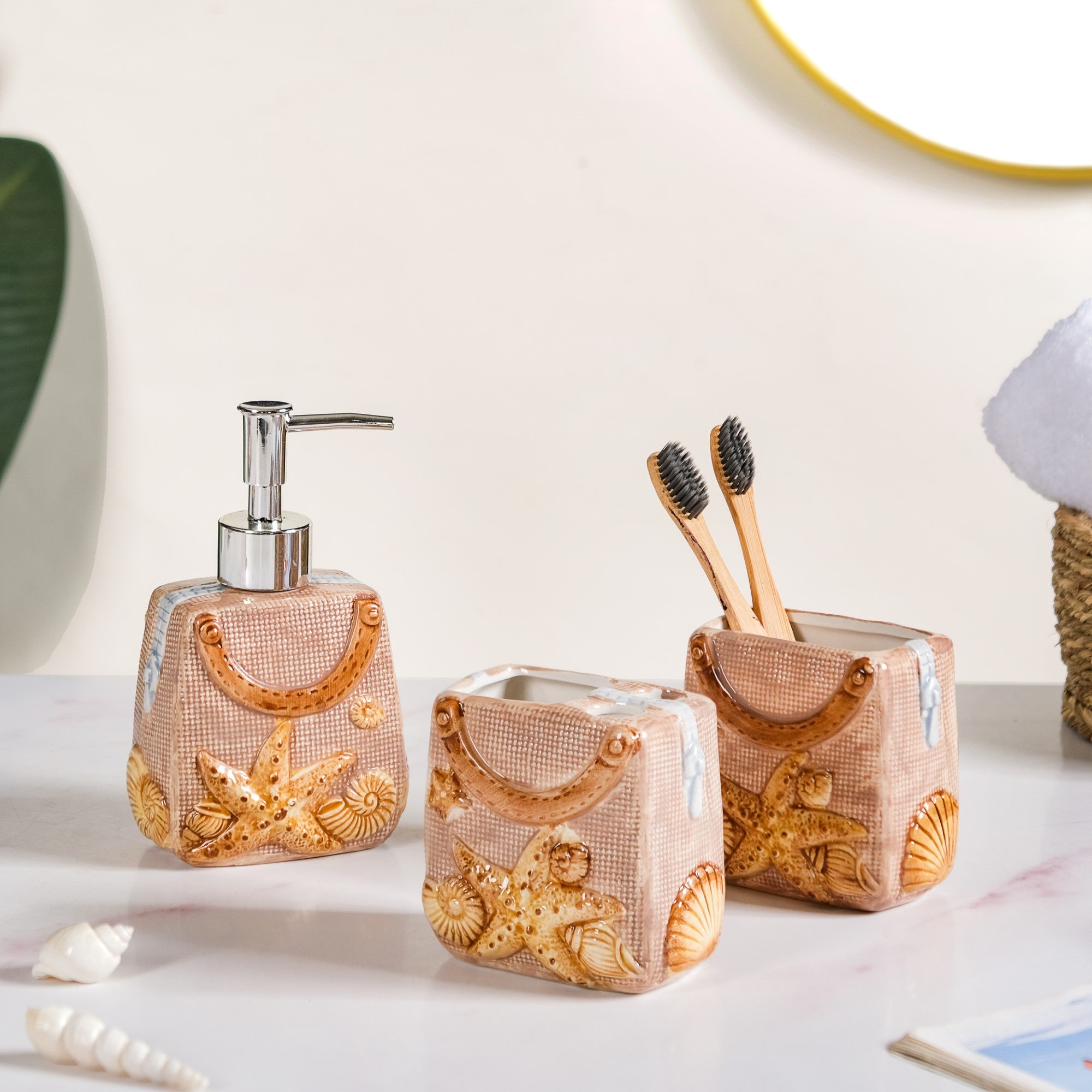 Beach Chic Ceramic Bath Set Of 3 Beige