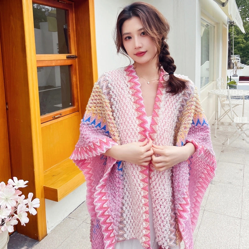 Travel Outside Knitted Shawl Ethnic Style Vintage Cape Cloak Tassel Scarf For Vacation Wear