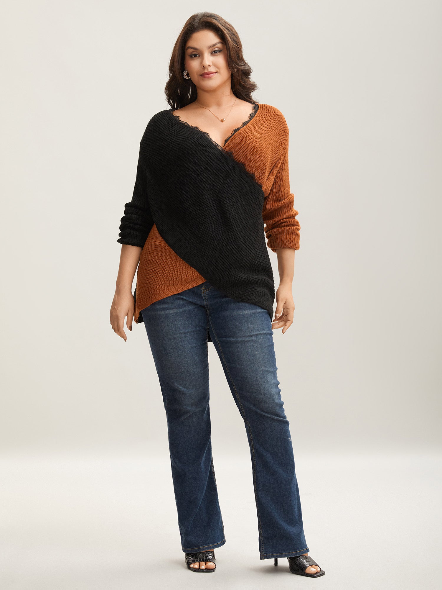Colorblock Contrast Pointelle Knit Lace Crisscross Knit Top