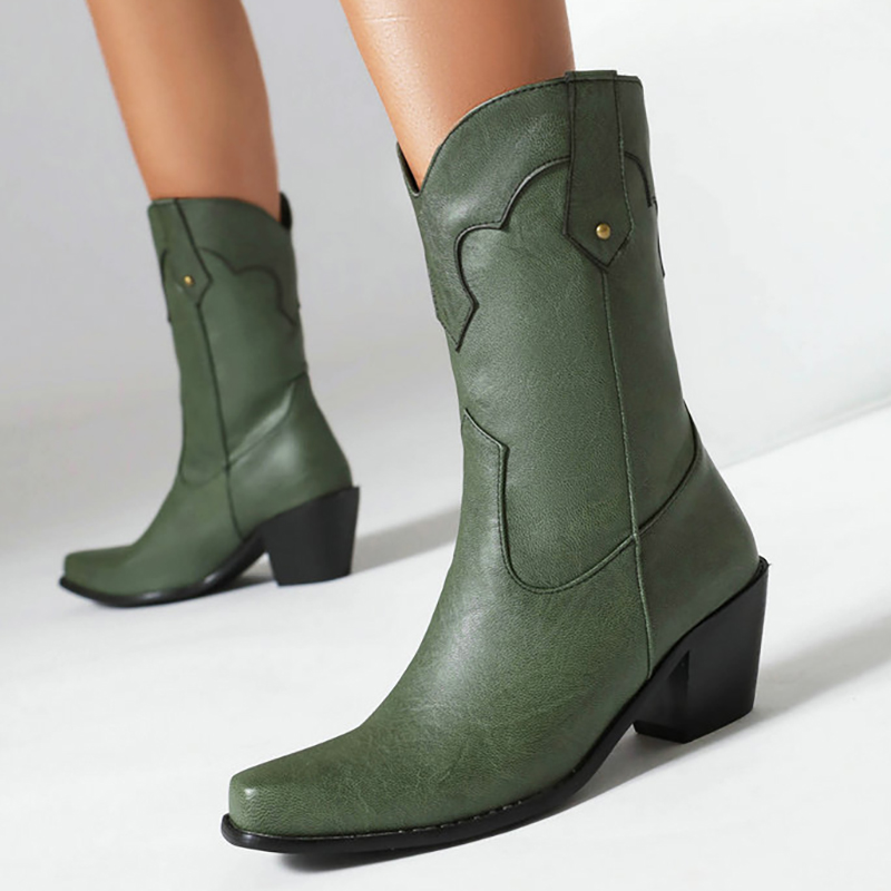 Retro Stitching V Groove Chunky Heels Western Boots