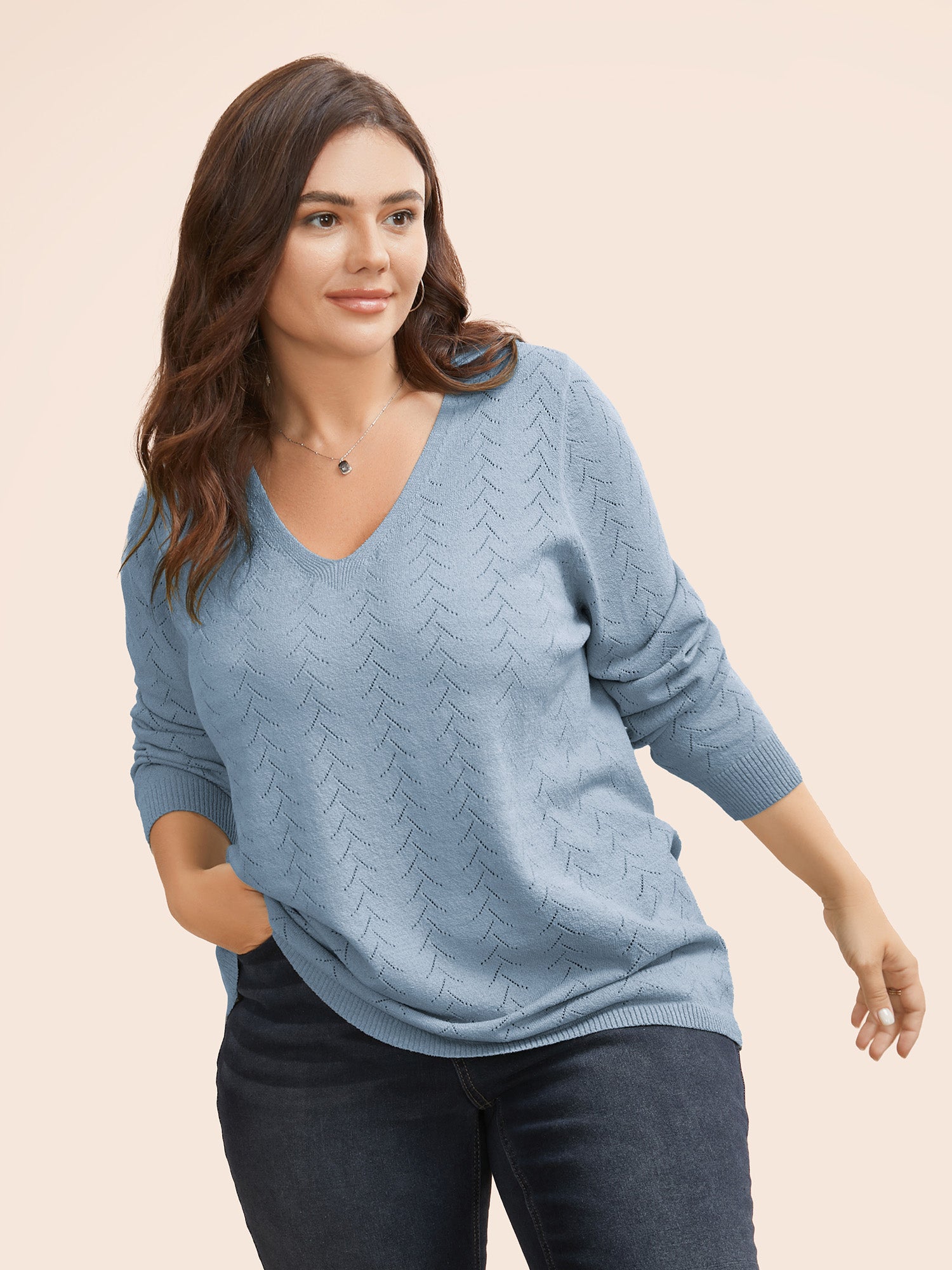 Texture V Neck Lightweight Pullover