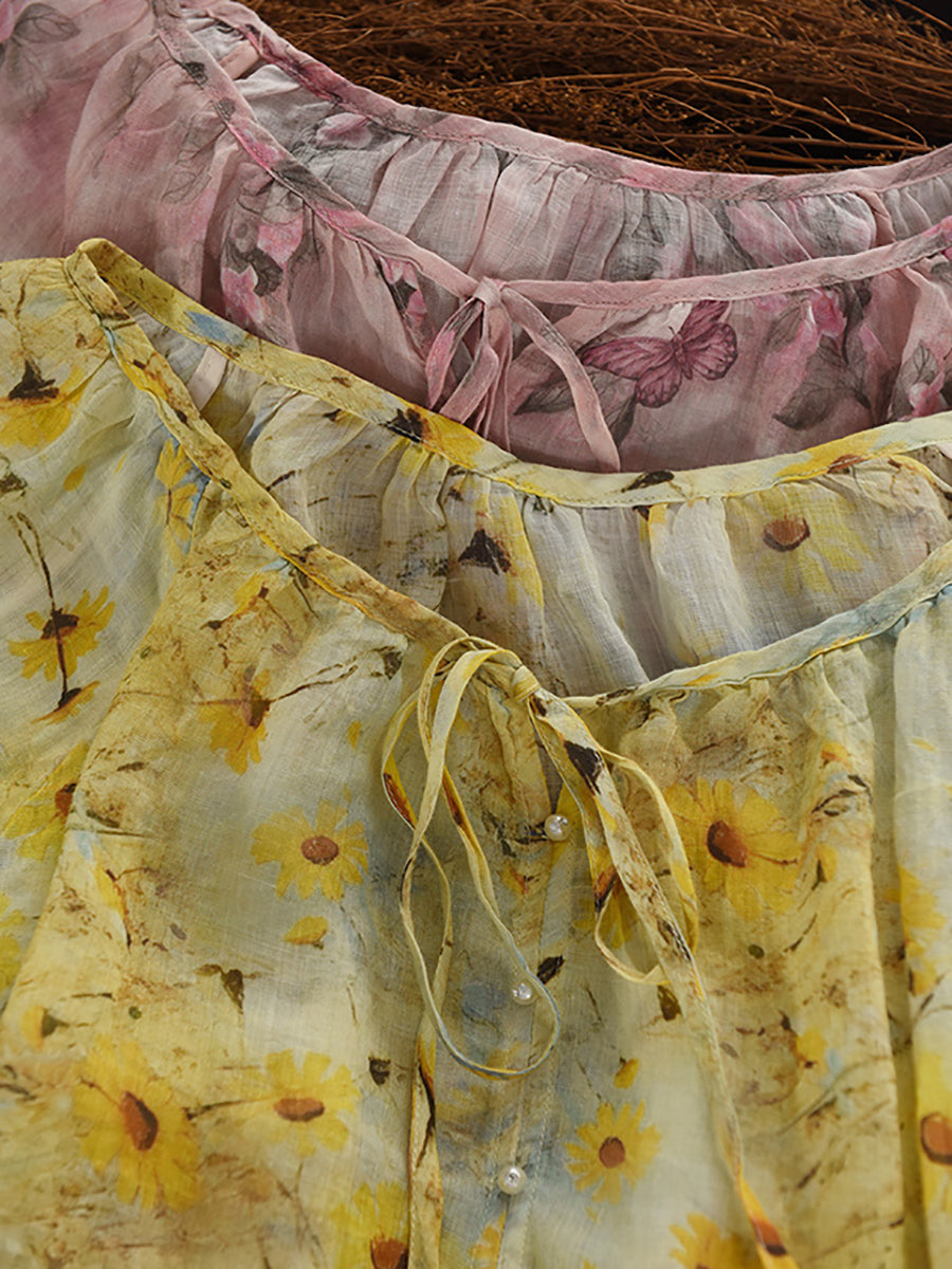 Women Summer Artsy Flower O-Neck 100%Raime Shirt