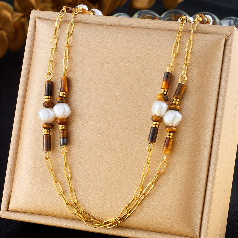 Retro Maillard Style Square Round Geometric Tiger Eye Stone Stainless Steel Round Heart Pendant Necklace