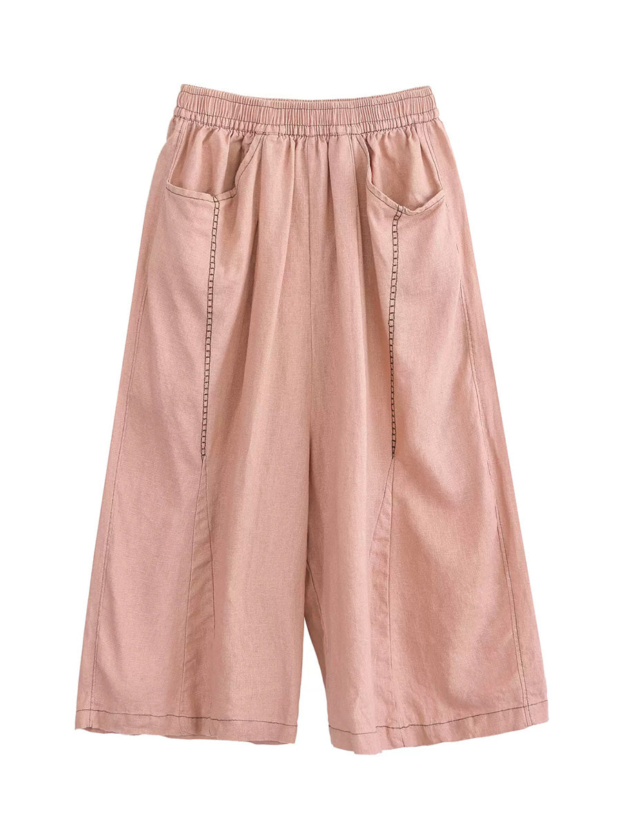 Women Casual Pure Color 100%Linen Wide-leg Cropped Pants