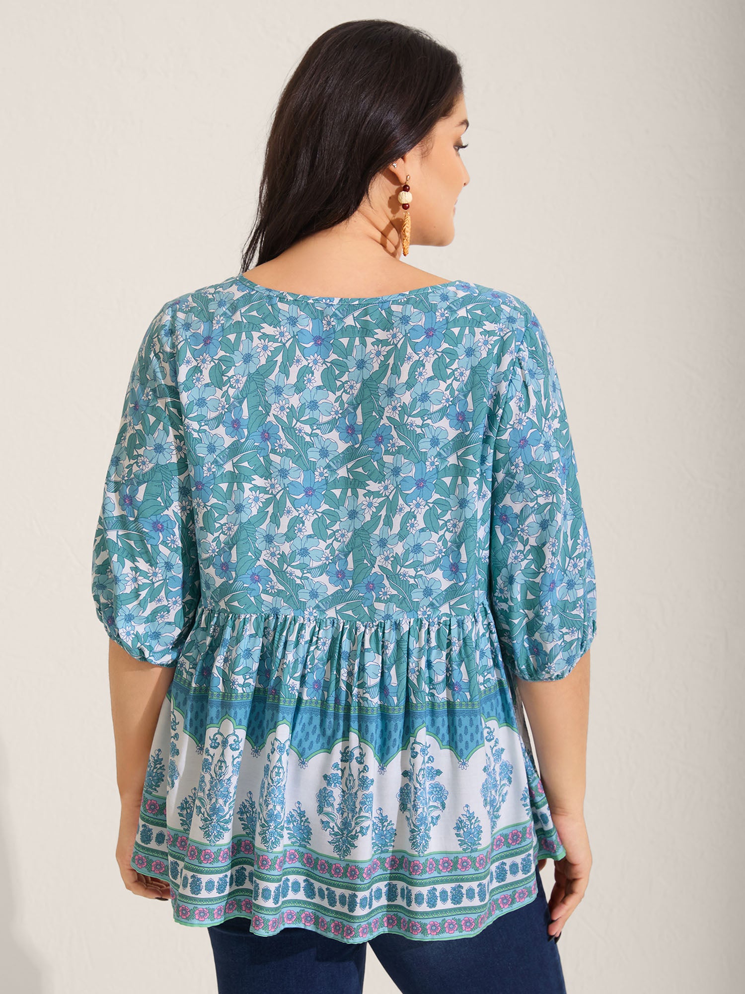 Boho Floral Print Color Contrast Blouse