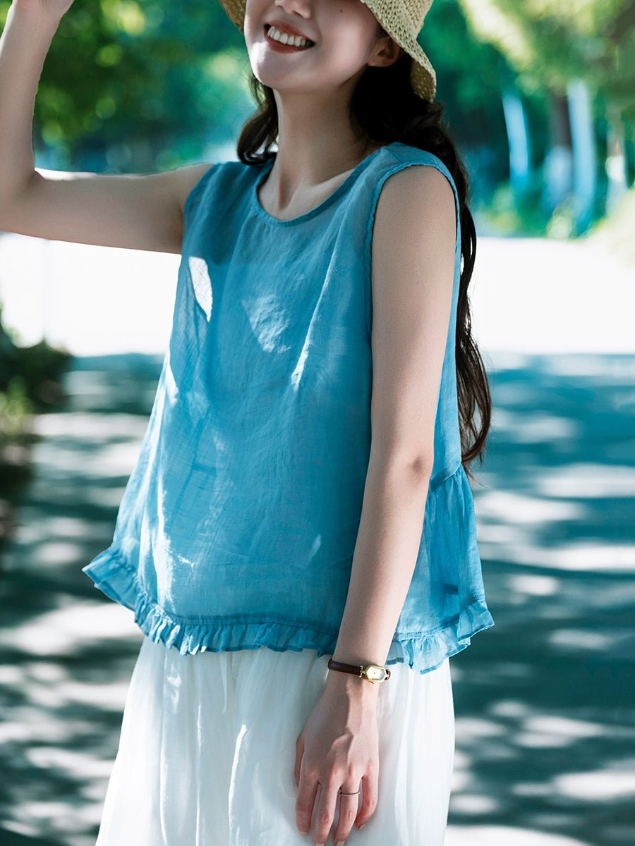 Women Summer Artsy Pure Color O-Neck 100%Ramie Vest