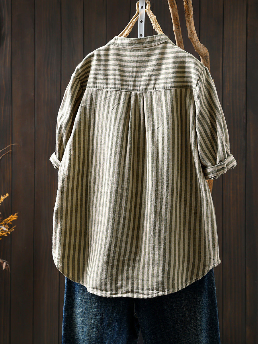 Women Summer Casual Stripe V-Neck 100%Cotton Shirt