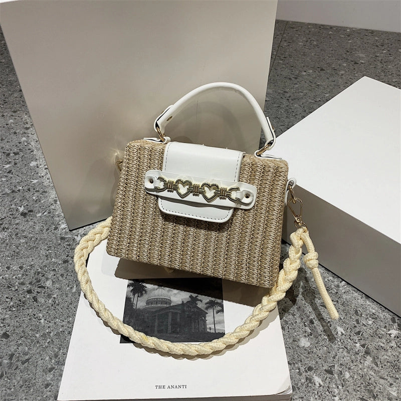 Women's Medium Straw Color Block Solid Color Vacation Beach Weave Magnetic Buckle Straw Bag