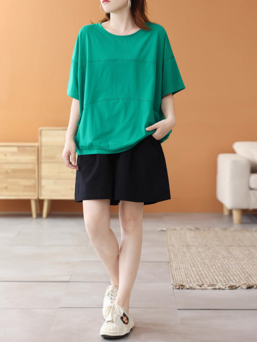 Women Summer Casual Cotton Pure Color Spliced O-Neck Shirt