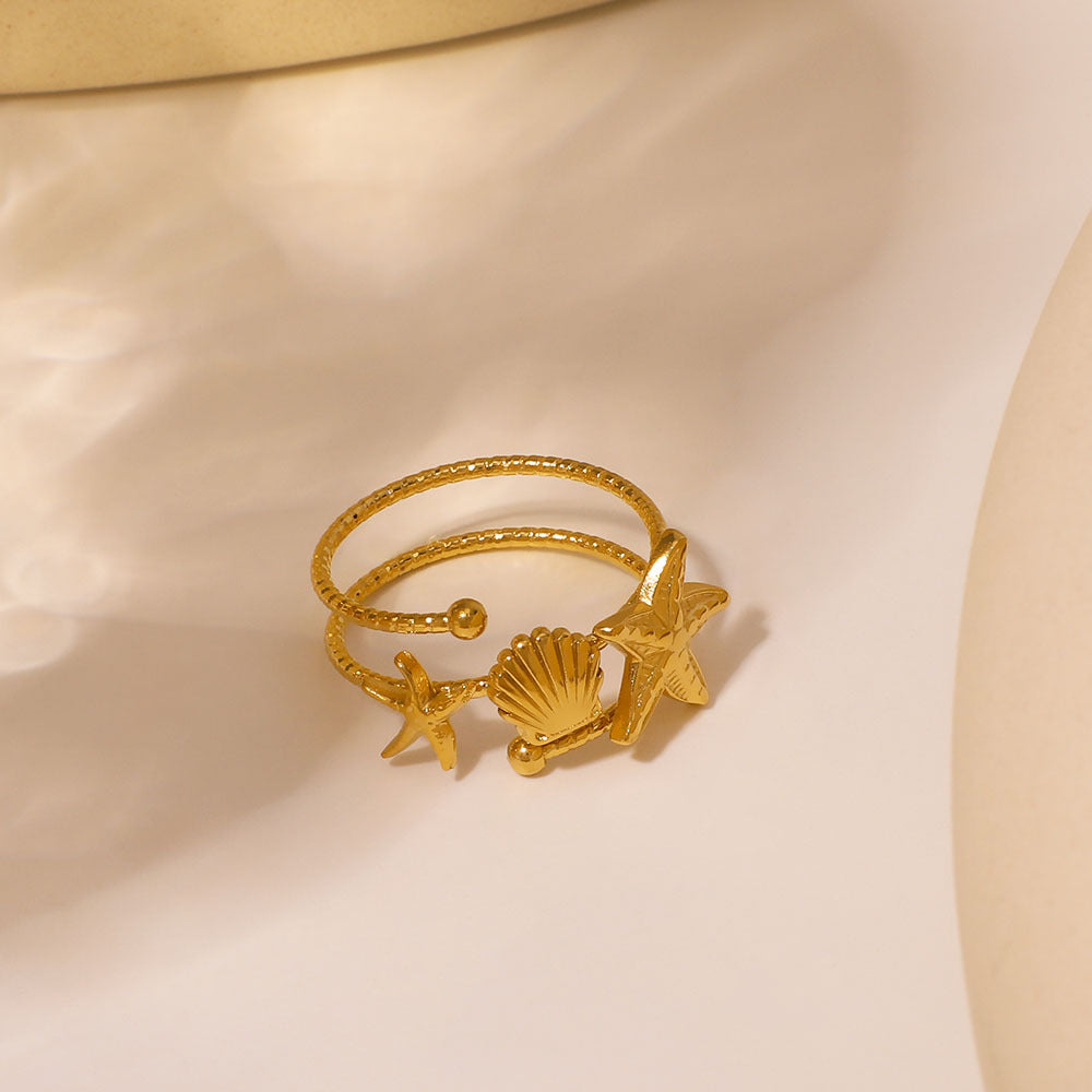 Fashionable Double-Layer Hollow Starfish Scallop Texture Matte Stainless Steel Ring For Gift