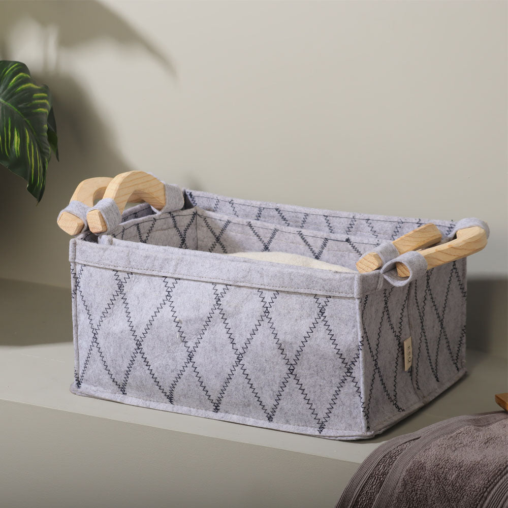 Checks Felt Storage Baskets with Wooden Handles. Set of 2 - Grey