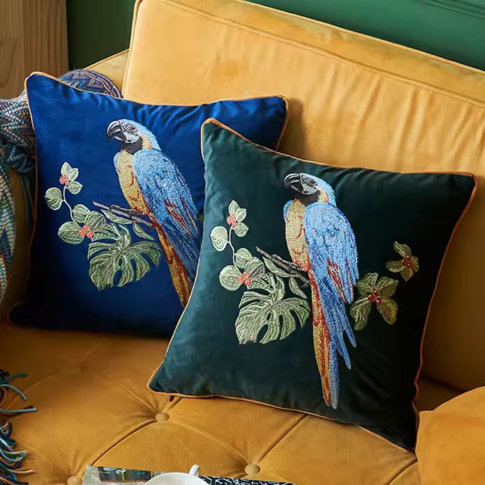 Embroidered Parrot Cushion