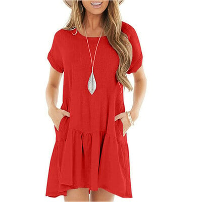 🔥🔥Round neck short sleeve large hem mid-length dress