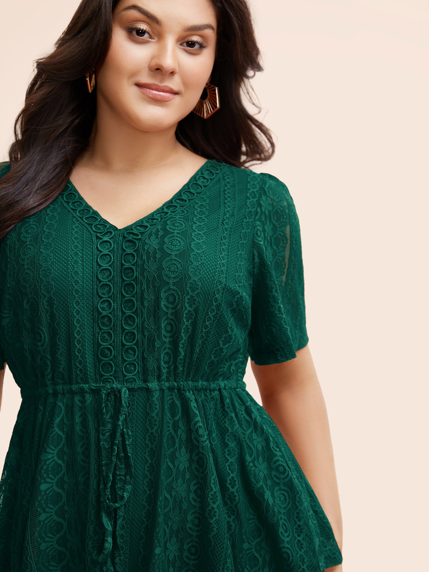 V Neck Lace Panel Drawstring Blouse