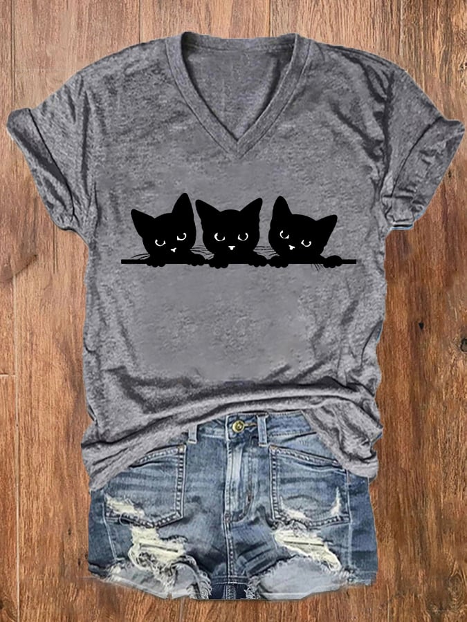 Women's Black Cat Print V-Neck T-Shirt