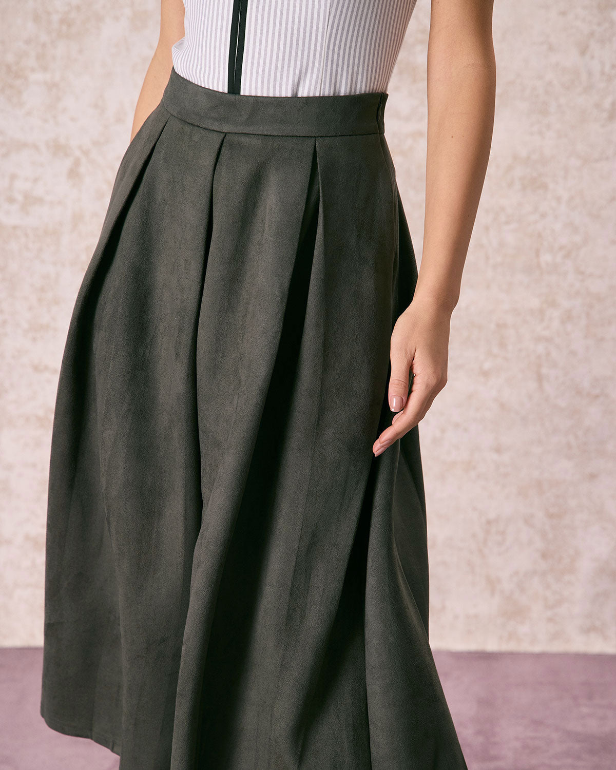 The Green High Waisted A Line Pleated Midi Skirt