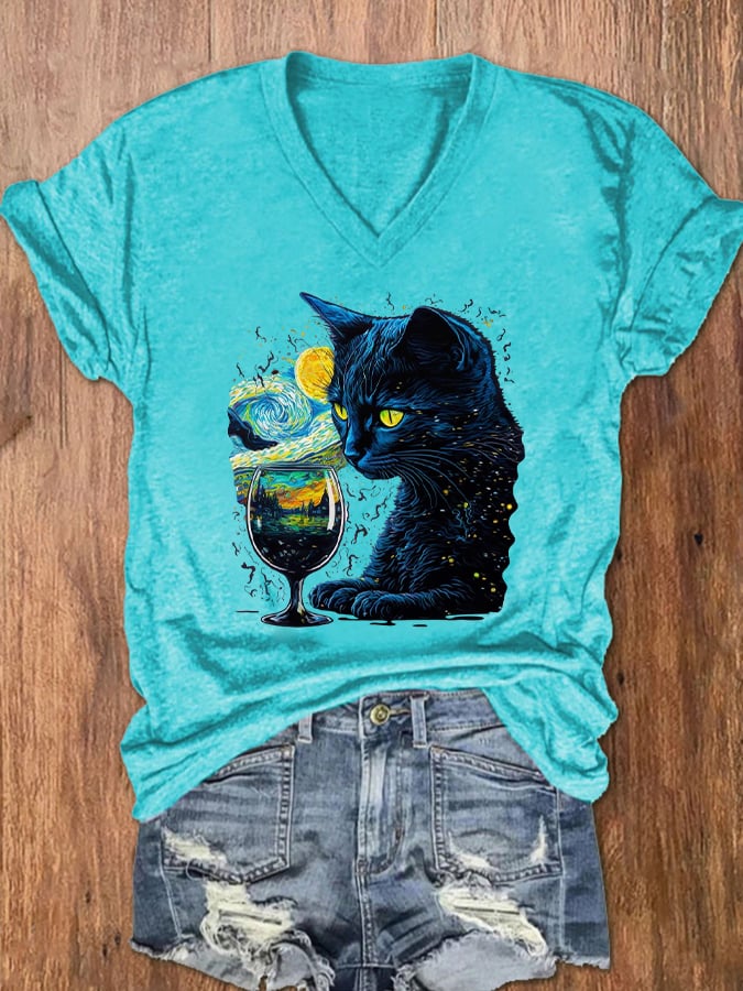 Women's Starry Night Black Cat Casual V-Neck Tee