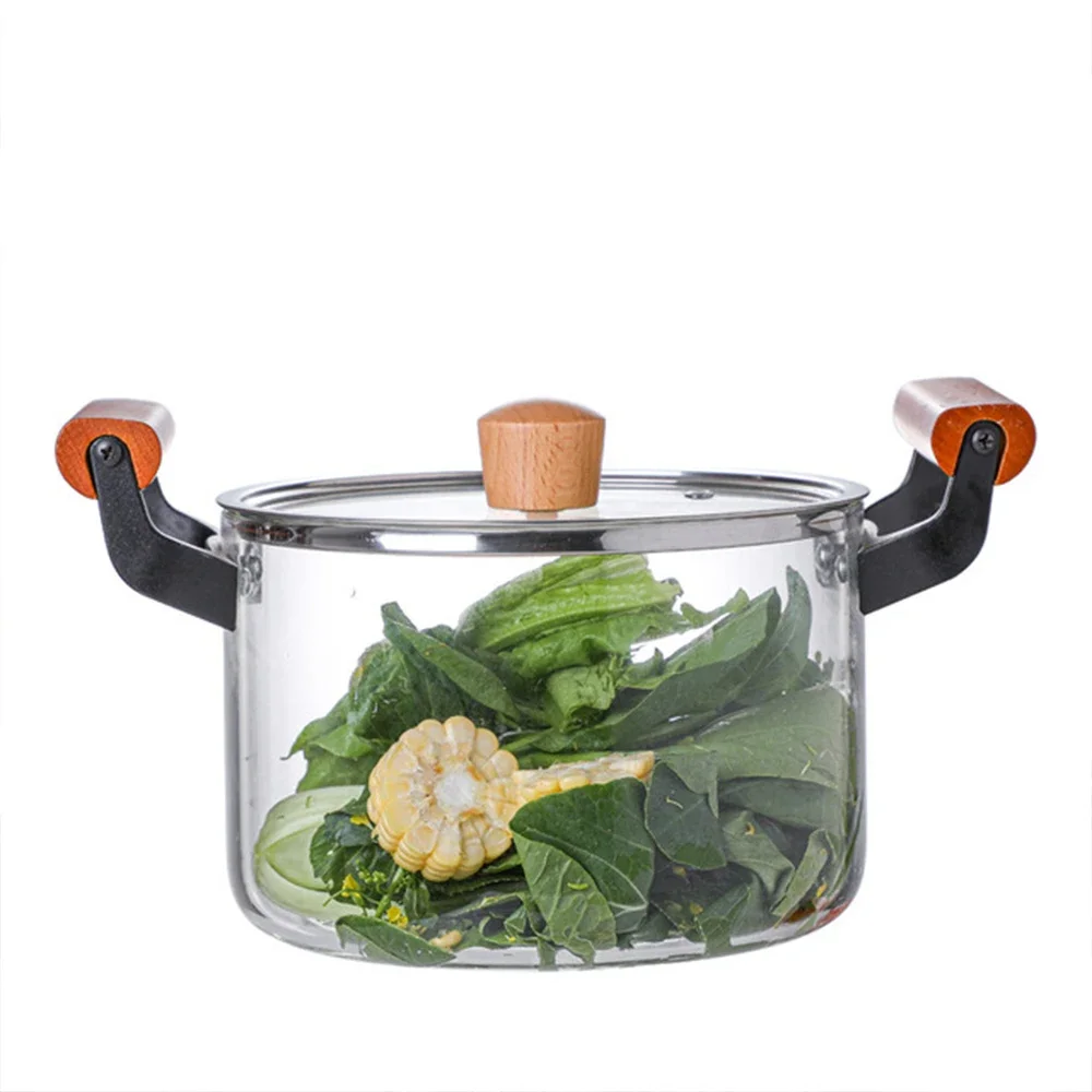 HEAT-RESISTANT STOCK POT WITH WOODEN HANDLE CLEAR LID SPACIOUS DESIGN