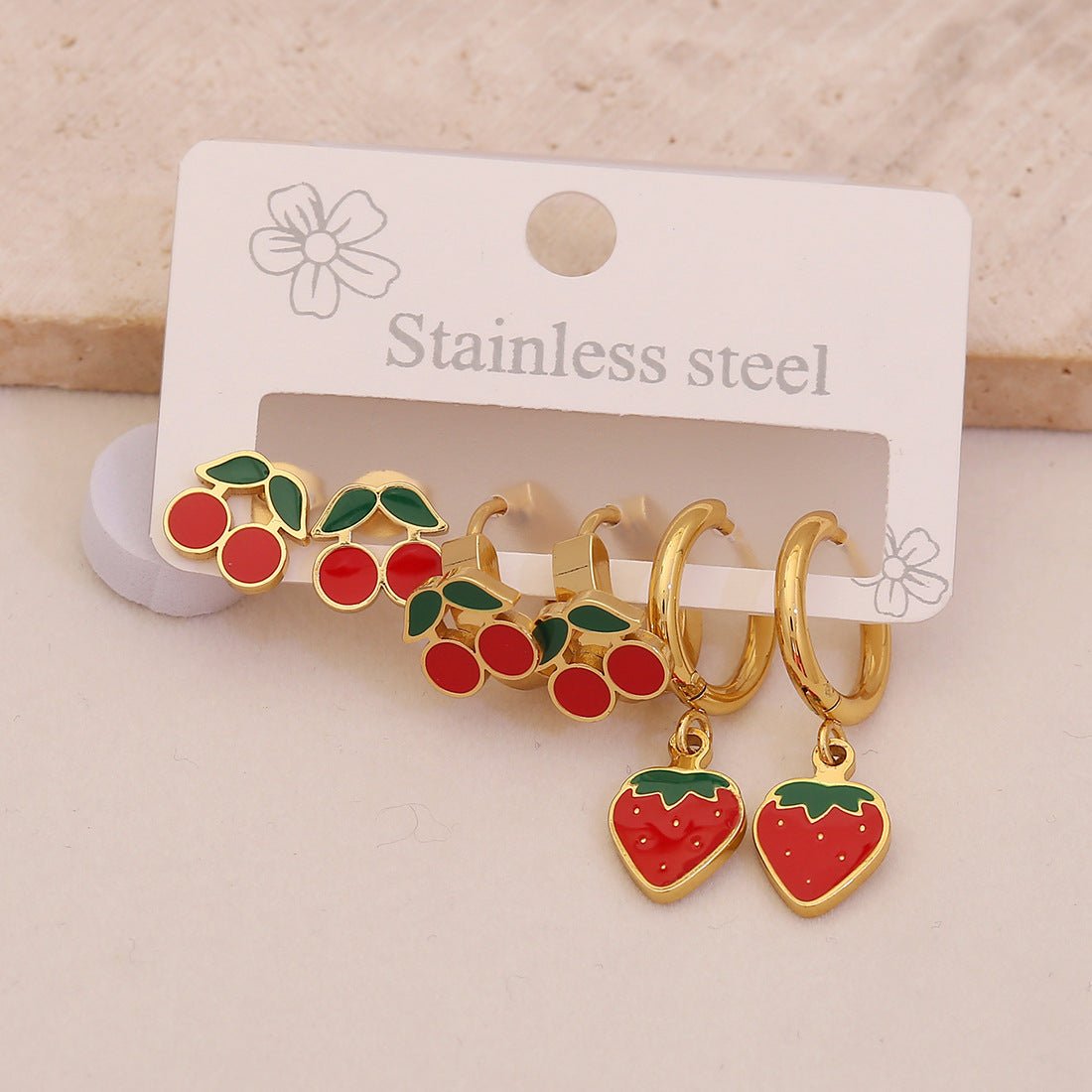 3 Pairs Of Cherry Strawberry Earrings Cute Stainless Steel Earrings For E623