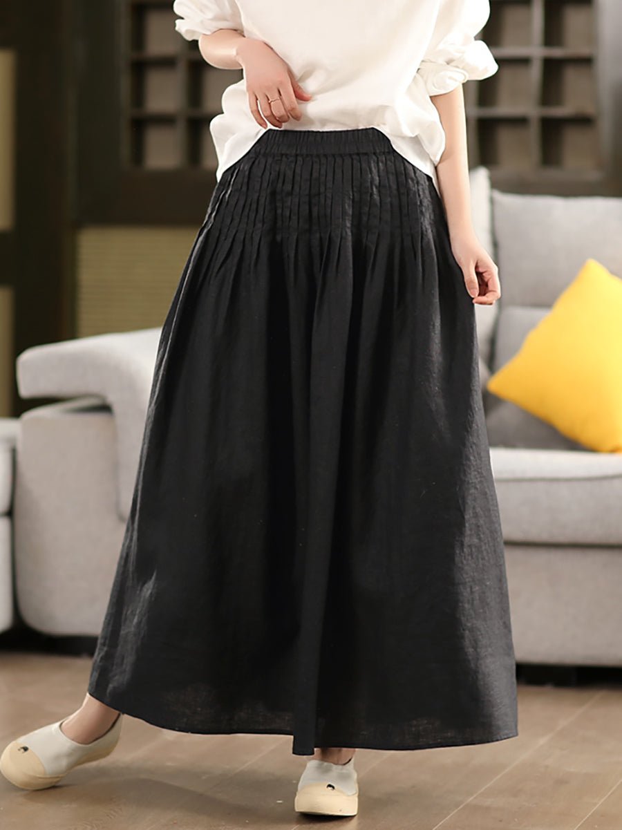 Women Summer Pure Color Shirred 100%Linen Skirt