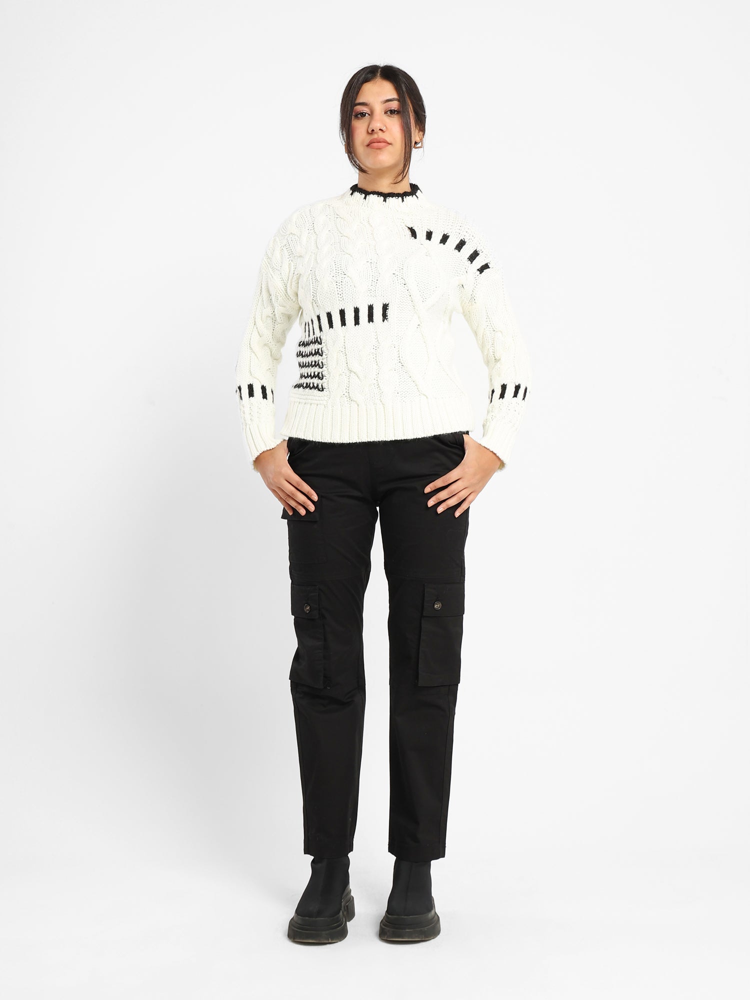 Mixed Knit Sweater with Contrast Trim