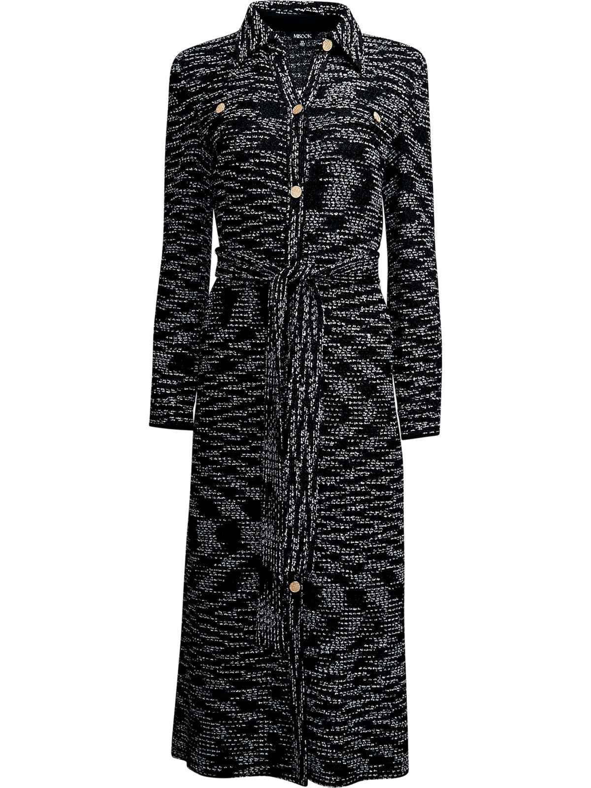 Belted Button Front Tweed Knit Midi Dress