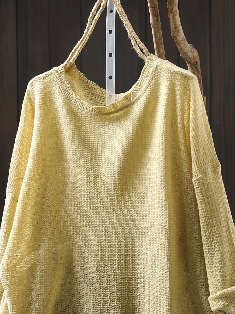 Women Summer Artsy Pure Color Knitted O-Neck Shirt