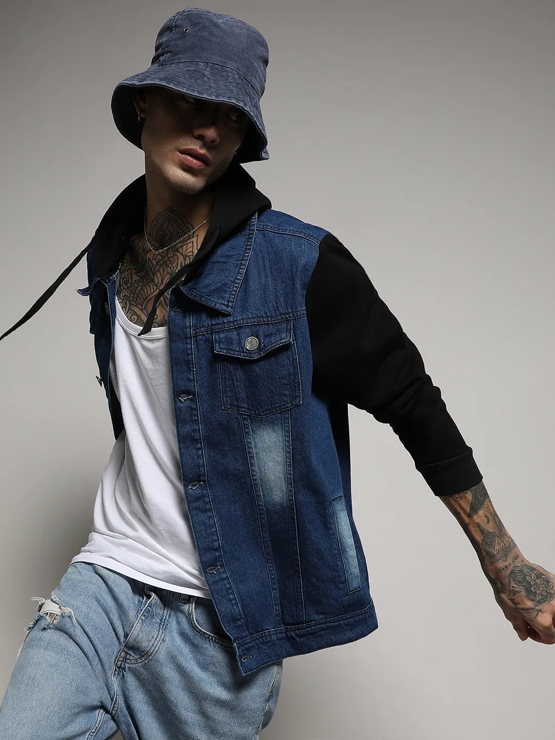 Light-Wash Denim Jacket With Sweatshirt Sleeve