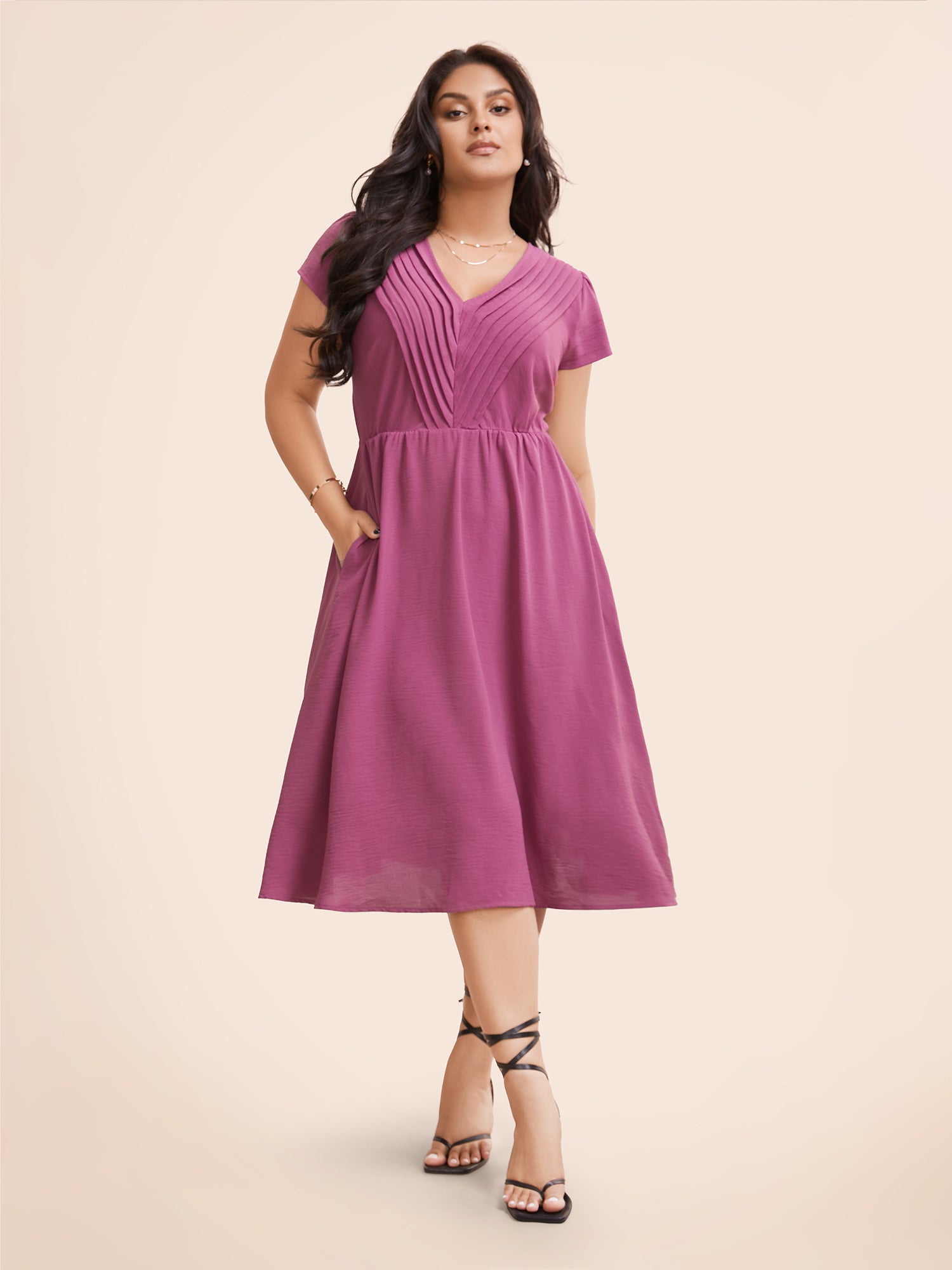 Solid Ruffle Trim V Neck Pocket Pleated Front Dress