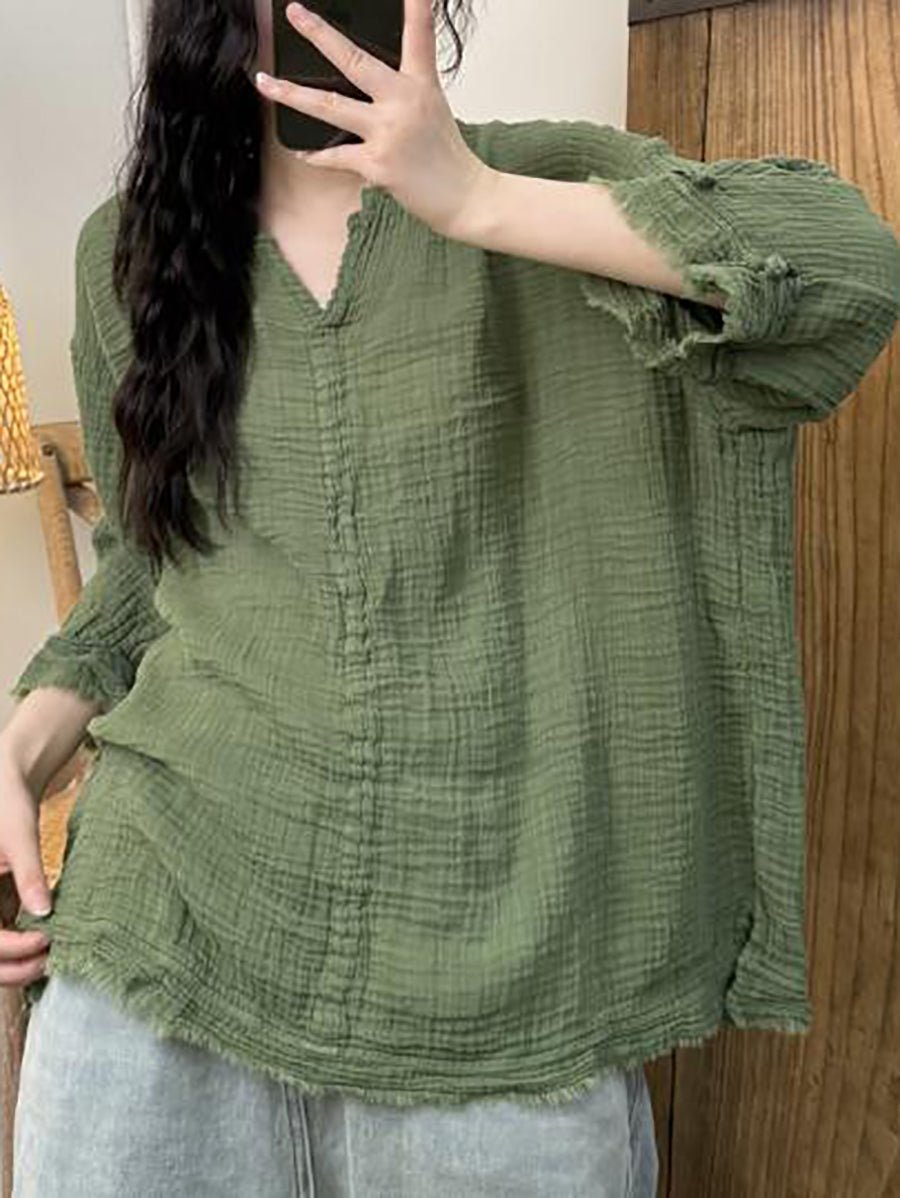 Women Summer Pure Color V-Neck 100%Cotton Shirt
