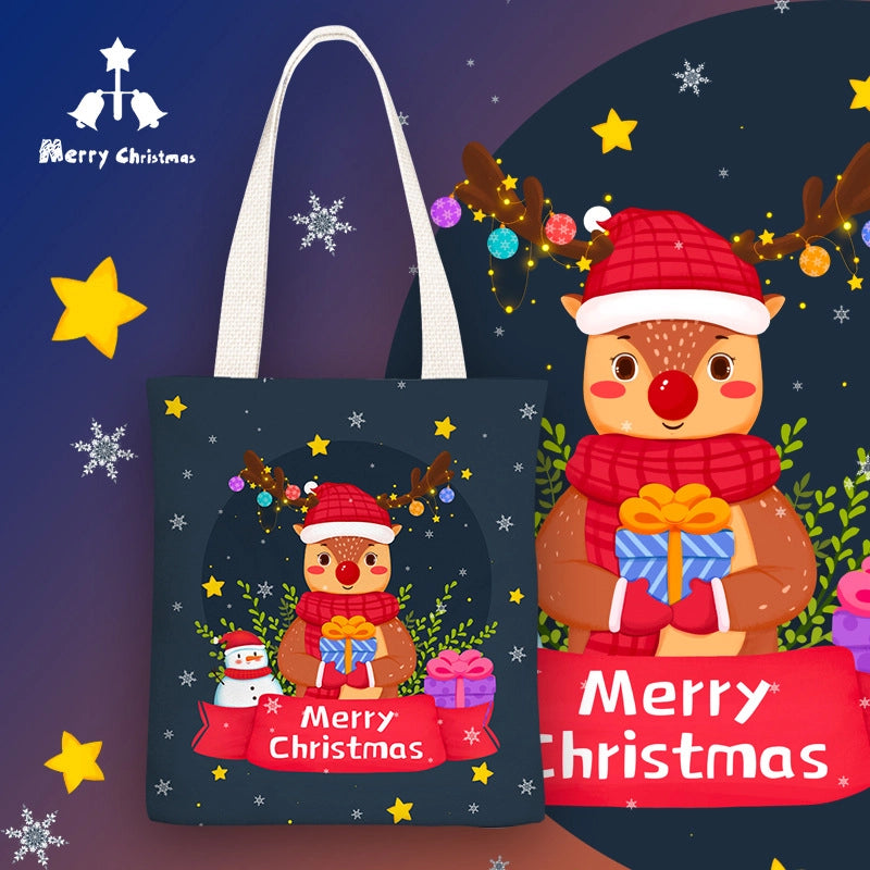 Christmas Women's Medium Canvas Santa Claus Cute Zipper Shoulder Bag Tote Bag