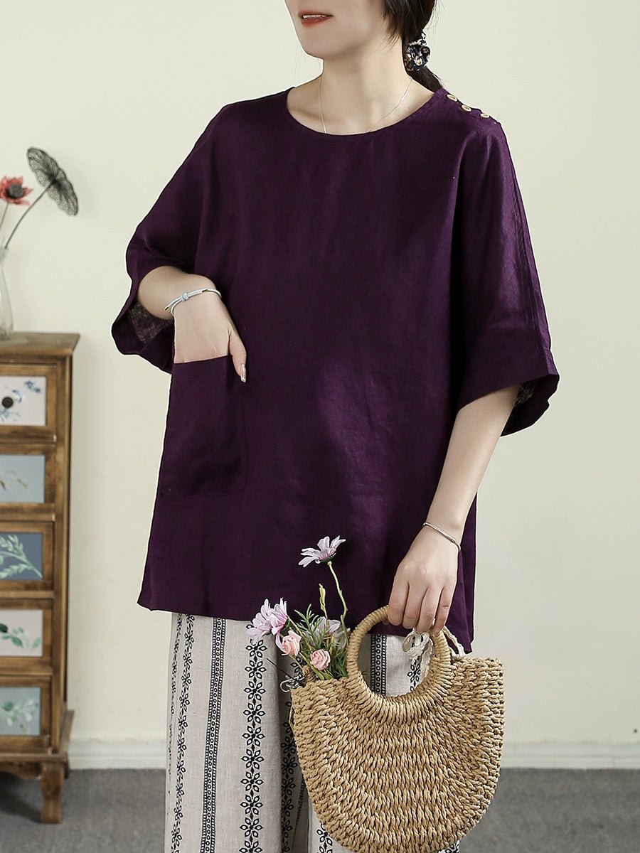Women Summer Vintage Pure Color O-neck 100%Linen Shirt