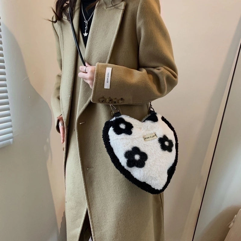 Women's Small Plush Zebra Flower Checkered Streetwear Heart-shaped Magnetic Buckle Underarm Bag