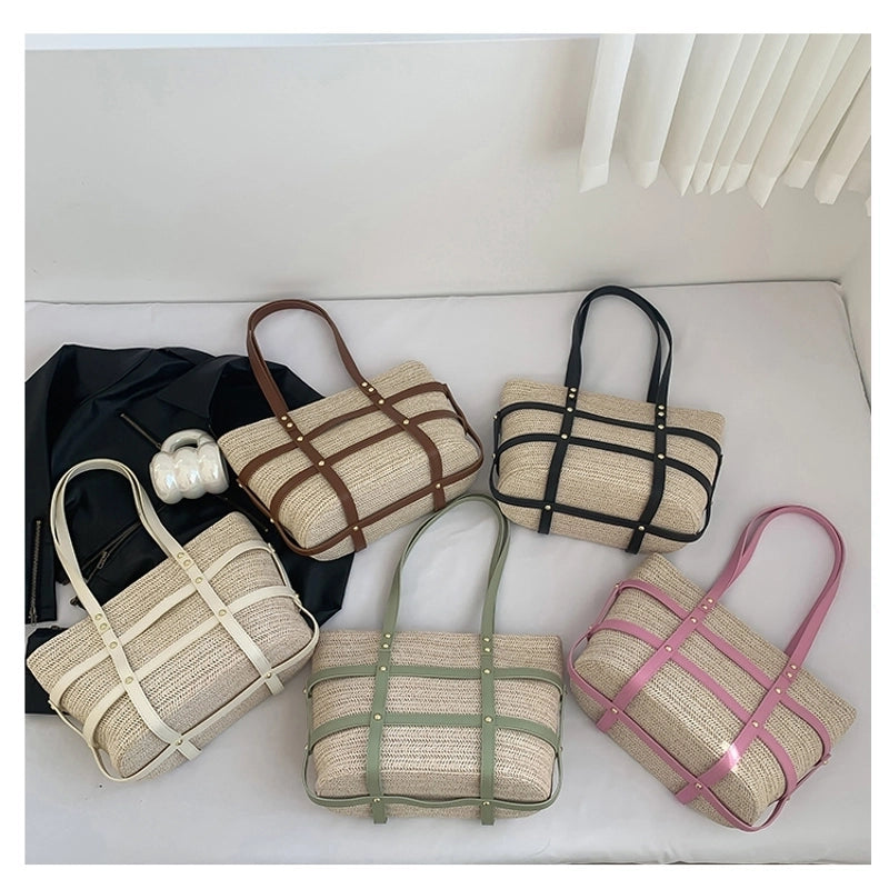 Women's Medium Straw Solid Color Beach Classic Style Weave Zipper Tote Bag